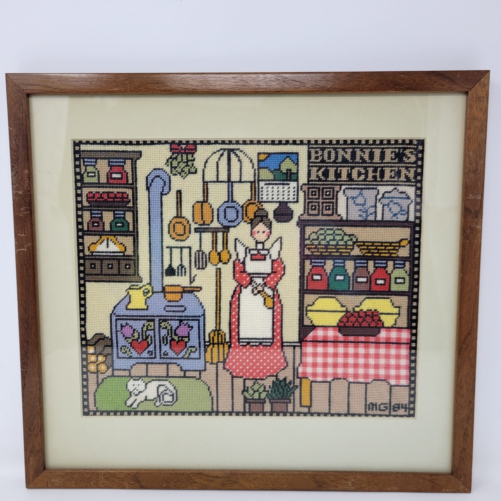 Vintage 1984 Bonnie's Kitchen Framed Cross Stitch Folk Art Wall Decor 14.5x13